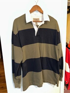 L.L. Bean Men’s Olive and Black Striped Rugby Shirt with White Collar
